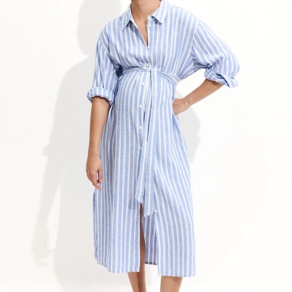 NWT H&M MAMA Linen-Blend Striped Shirt Dress M - Picture 1 of 14